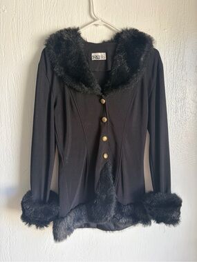 Black Faux Fur-Trim Button Front Women's Sweater Jacket